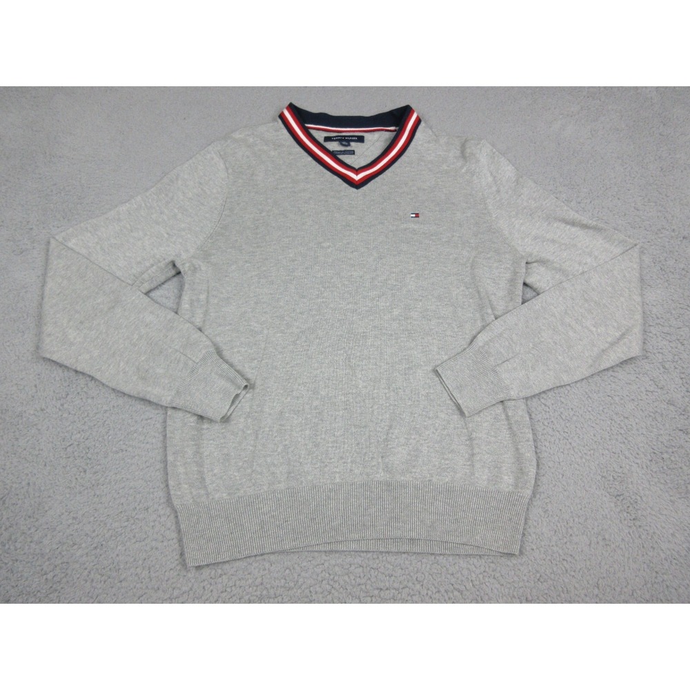 Tommy Hilfiger Sweater Mens XS Gray V Neck Premium Cotton Knit Pullover Logo